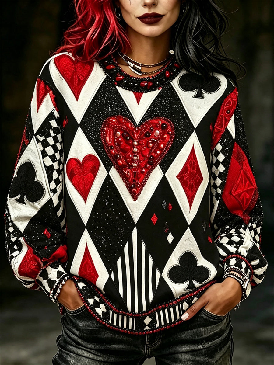 Women's Vintage Jester Inspired Poker Diamond Pattern Print Sweatshirt