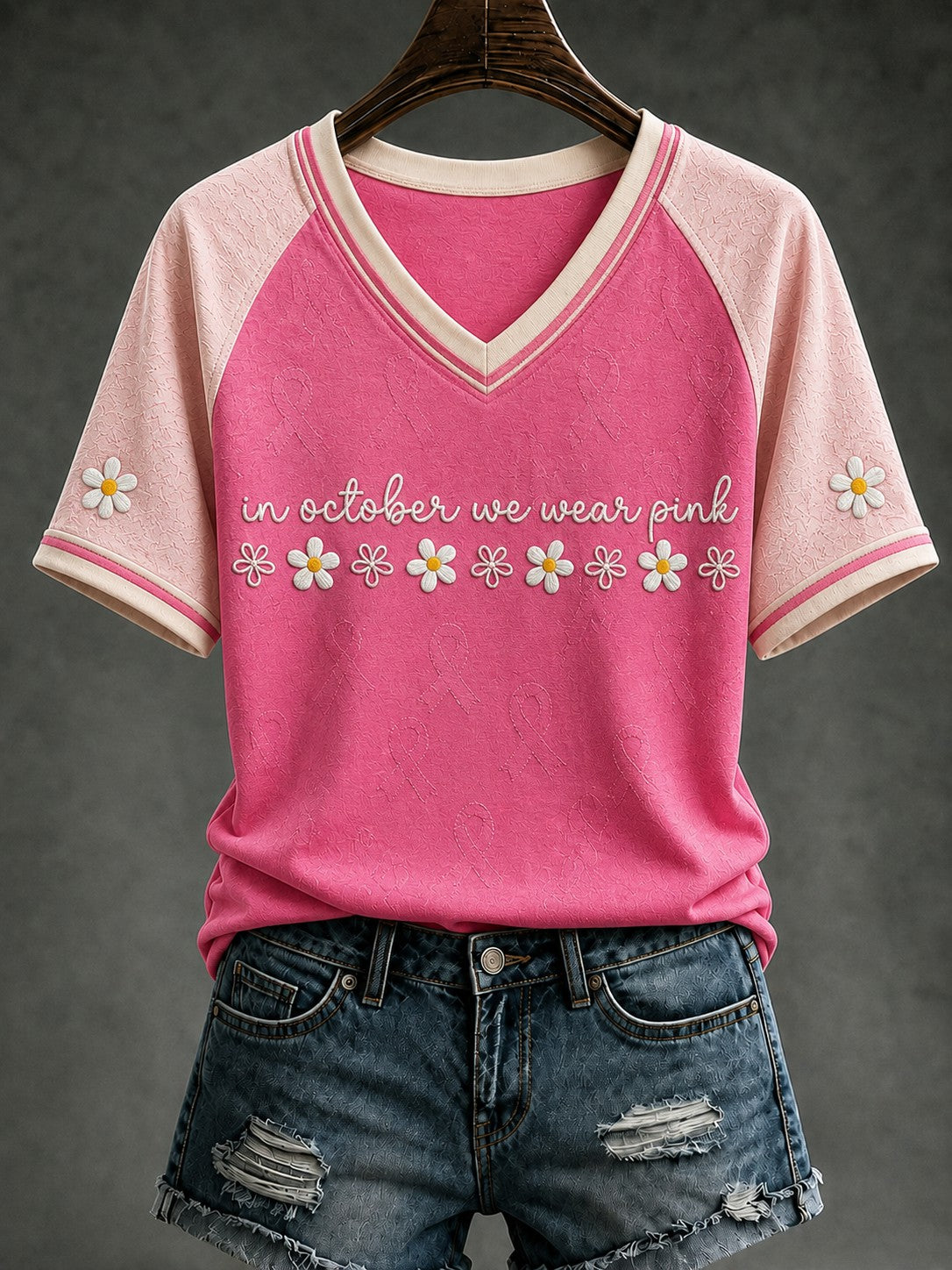 Women's In October We Wear Pink Printed V-neck T-shirt