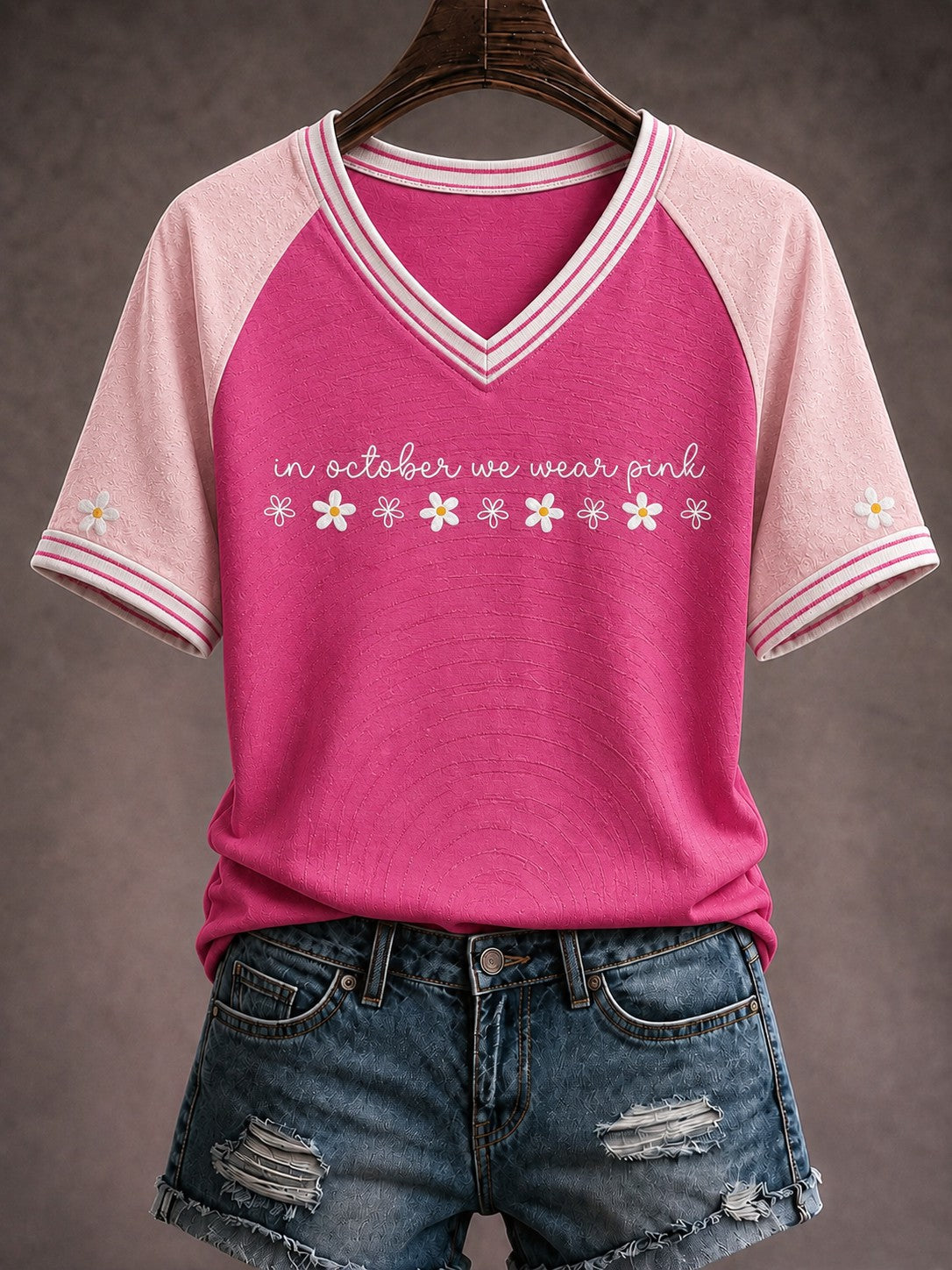 Women's In October We Wear Pink Printed V-neck T-shirt