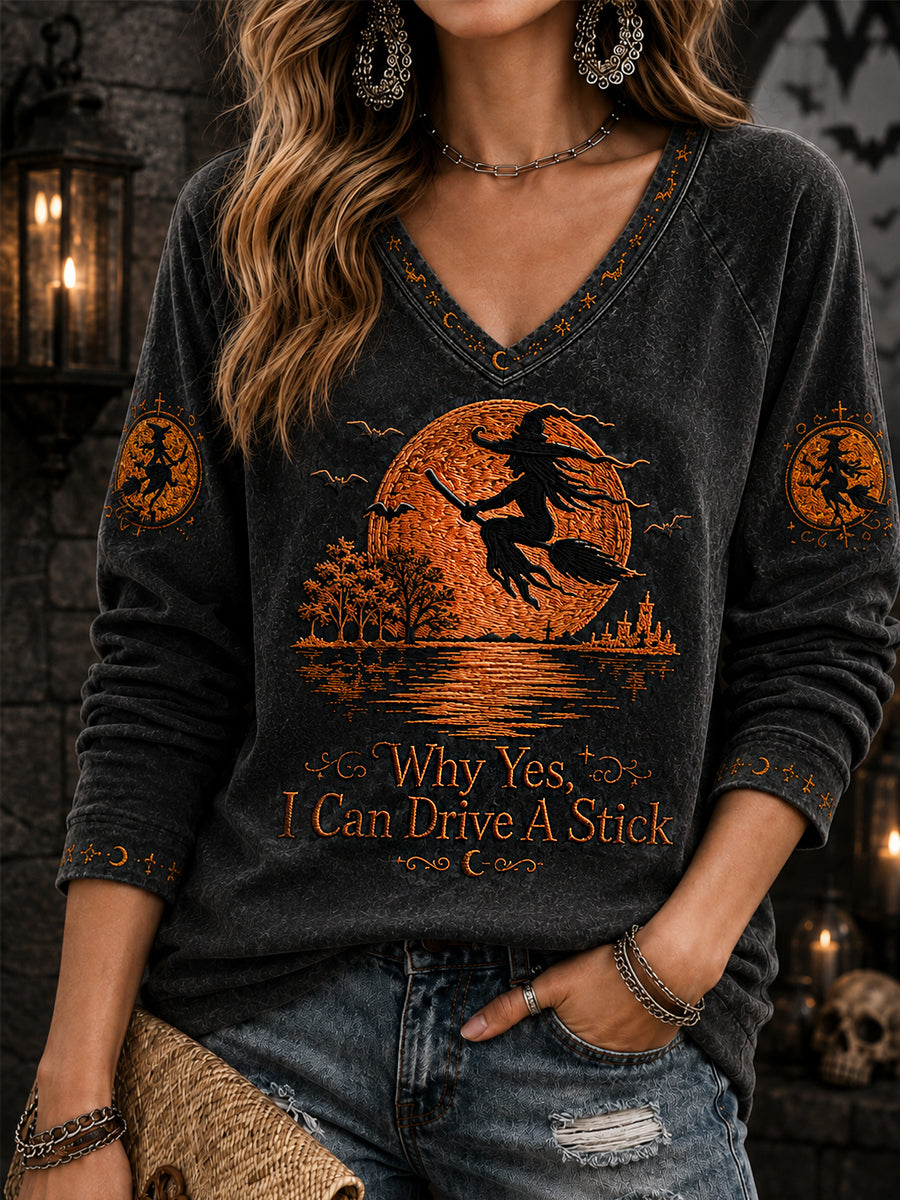 Women's Funny Halloween Witch Why Yes,Actually I Can Drive A Stick Print Casual V-Neck Long Sleeve T-Shirt
