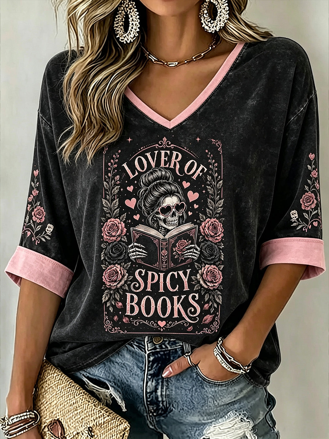 Women's Halloween Theme Pattern Printed Casual Mid-length Sleeves V-Neck T-Shirt
