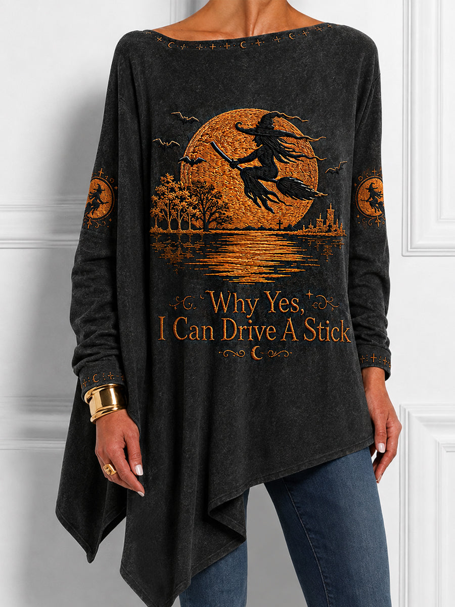 Women's Funny Halloween Witch Why Yes,Actually I Can Drive A Stick Print Casual Top