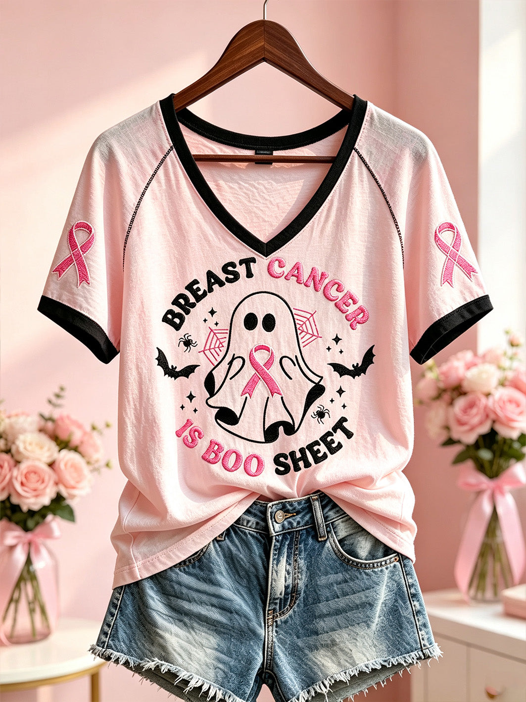 Women's Breast Cancer Theme Halloween Cute Boo Elements Pattern Printed Casual Short Sleeve T-Shirt