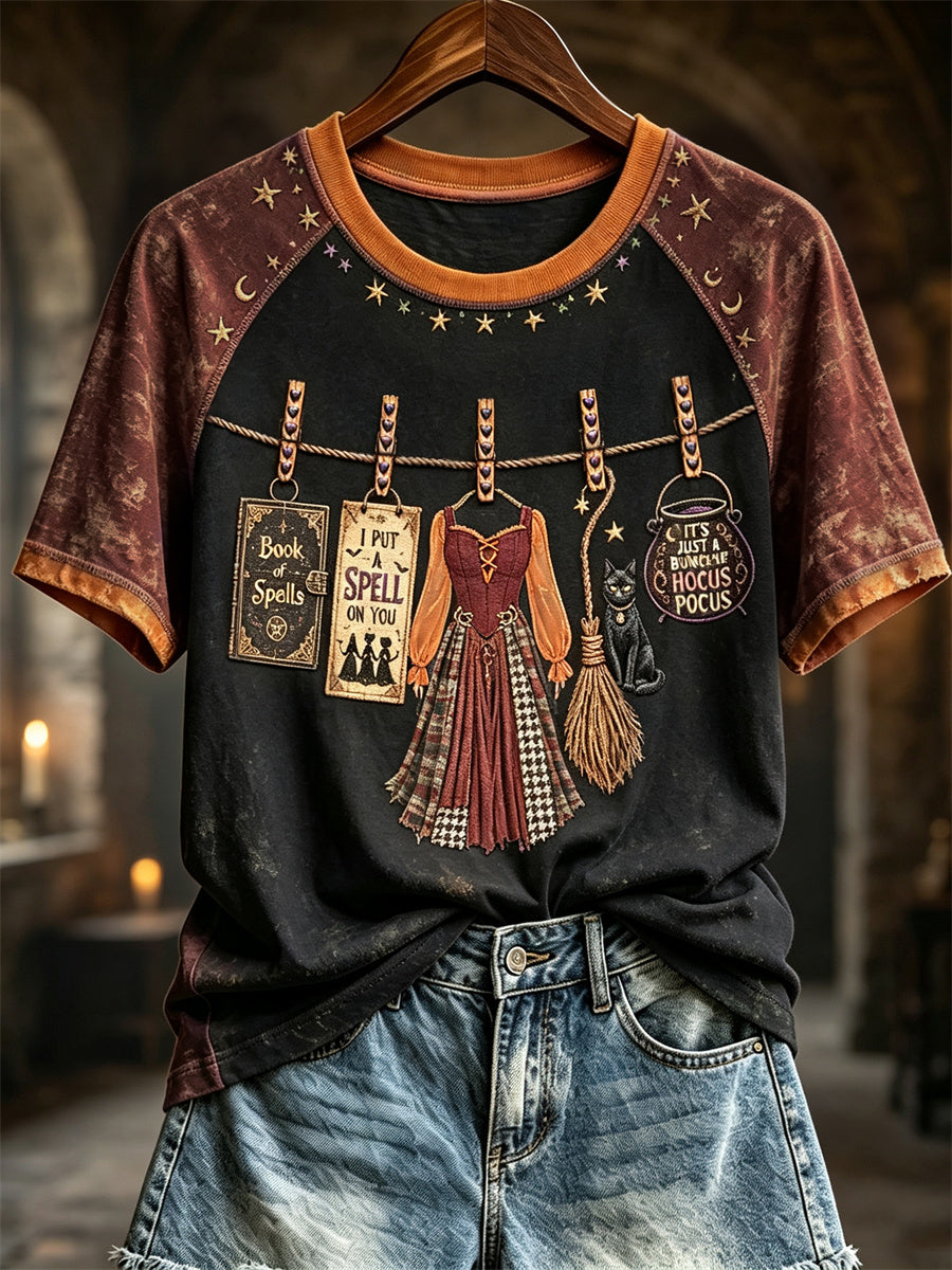 Women's Vintage Halloween Hanging Witch's Belongings Print short sleeve T-shirt