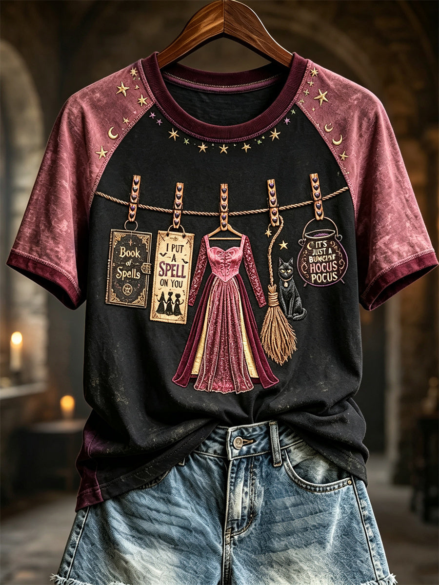 Women's Vintage Halloween Hanging Witch's Belongings Print short sleeve T-shirt