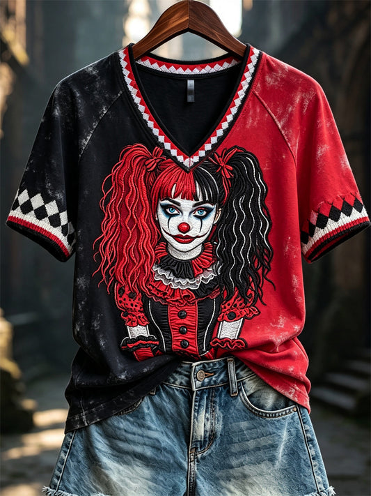 Women's Vintage Jester Inspired Diamond Pattern Print Contrast Color short-sleeved T-shirt