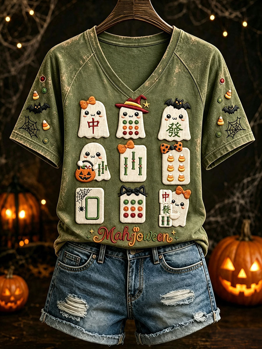 Women’s Halloween Mahjong V-Neck T-Shirts
