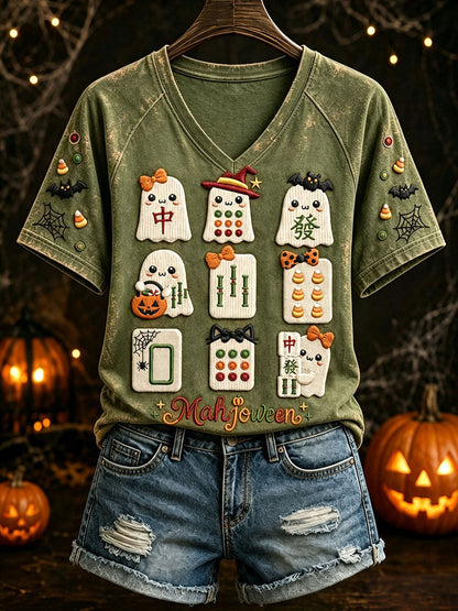 Women’s Halloween Mahjong V-Neck T-Shirts