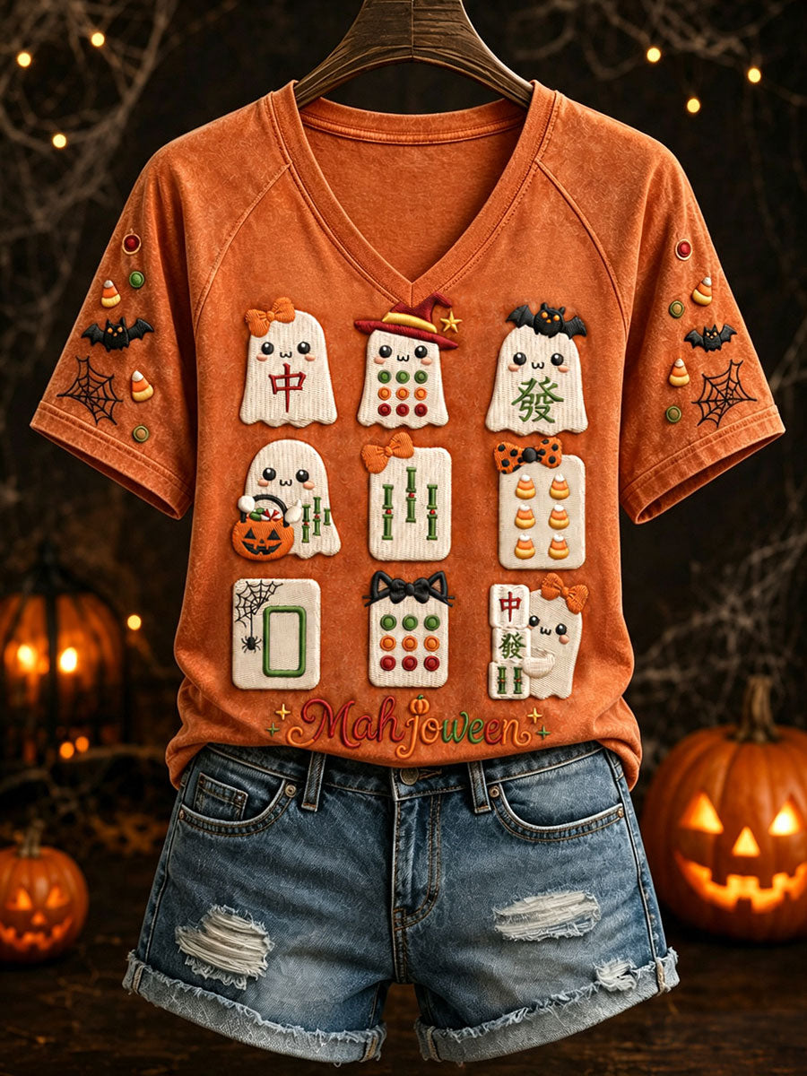 Women’s Halloween Mahjong V-Neck T-Shirts