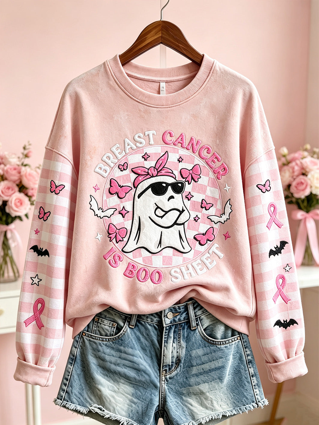 Women's Breast Cancer Theme Halloween Cute Boo Elements Pattern Printed Casual  Sweatshirt