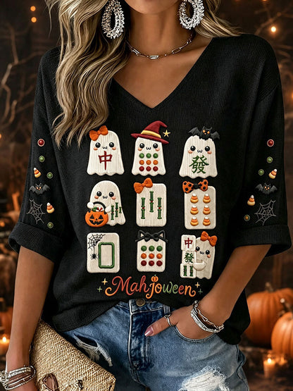 Women's Halloween Mahjong Waffle V-Neck T-Shirts