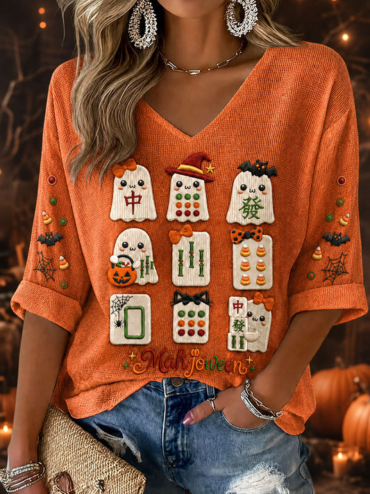 Women's Halloween Mahjong Waffle V-Neck T-Shirts