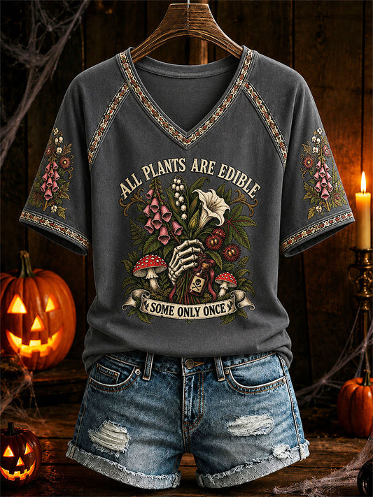 Women's "All Plants Are Edible Some Only Once" Halloween Floral Print Casual T-shirt