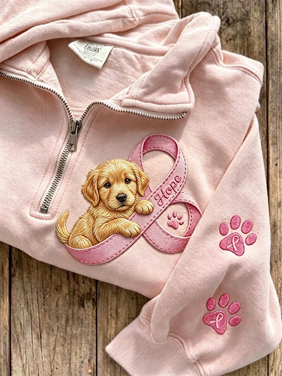 Women's Hope Pink Ribbon Golden Retriever & Paw Prints Zip Up Sweatshirt