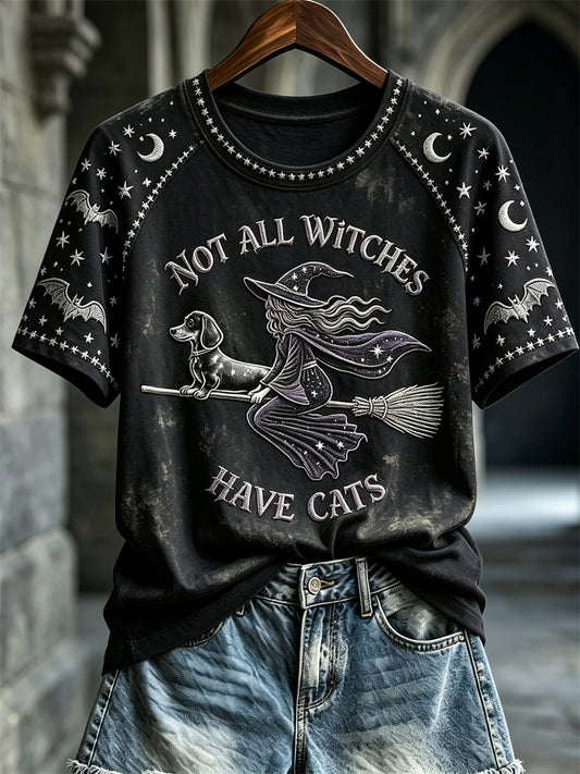 Women's Halloween Not All Witches Have Cats Witch & Dachshund Dog Print short sleeve T-shirt