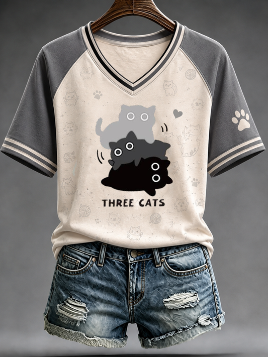 Women's Cat Printed V-neck off-shoulder short-sleeved T-shirt