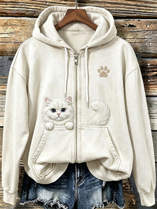 Women's Cute Cat & Paw Print Vintage Cozy Zip-Up Hoodie