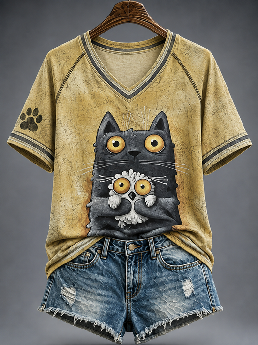 Women's Cat Printed V-neck off-shoulder short-sleeved T-shirt