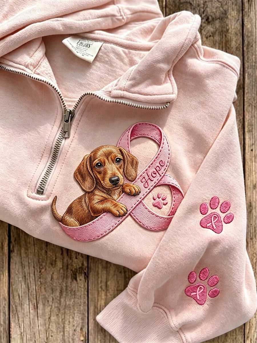 Women's Hope Pink Ribbon Dachshund & Paw Prints Zip Up Sweatshirt