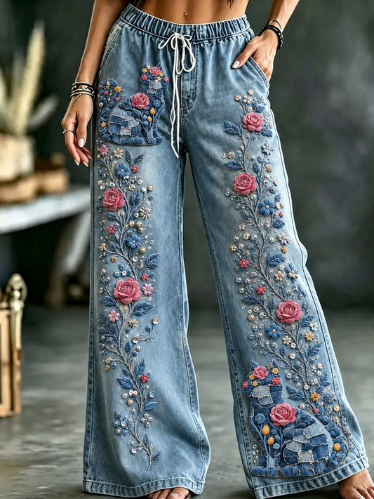 Women's Animal Flowers Art Print Trousers