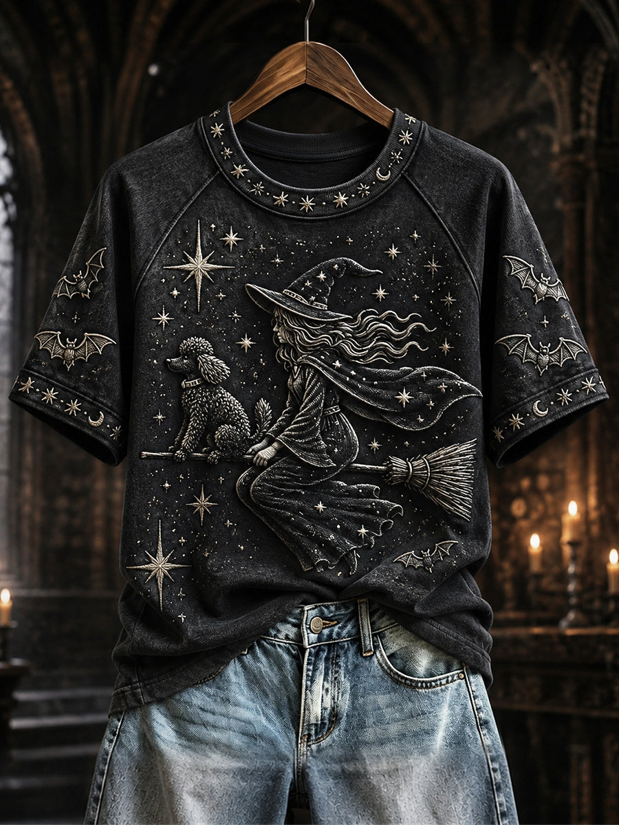 Women's Halloween Night Witch & Poodle Dog Mystical Print short sleeve T-shirt