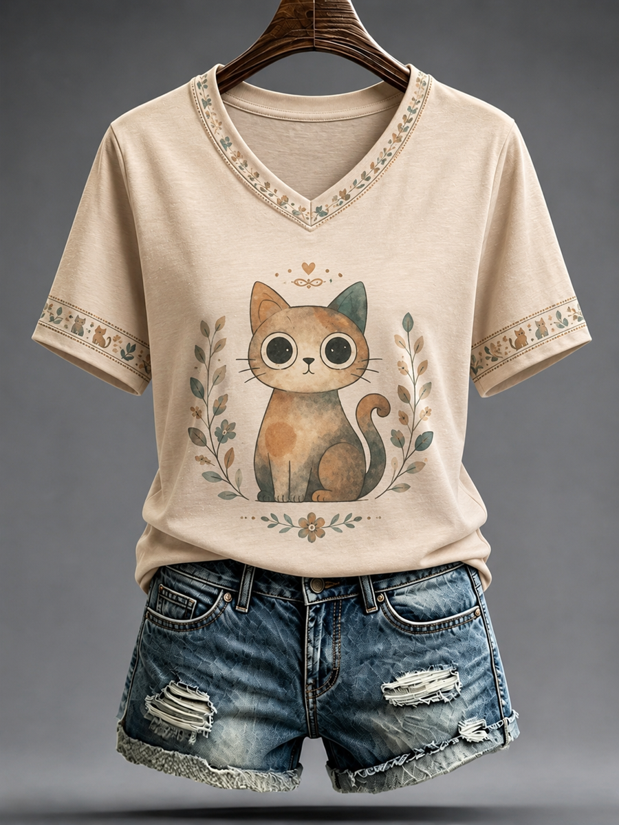 Women's Cat Printed short-sleeved T-shirt