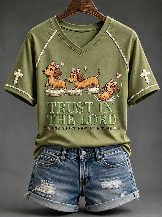 Women's Trust in the Lord Funny Christian Dachshund Print V-neck Short-sleeved T-shirt