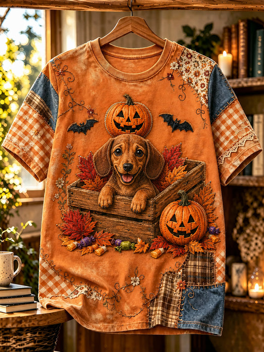 Women's Halloween Dog Printed Vintage Fashion Loose Short Sleeve T-Shirt