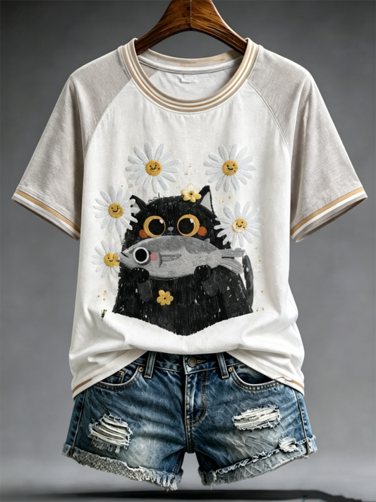 Women's Cat Printed round neck short sleeve T-shirt