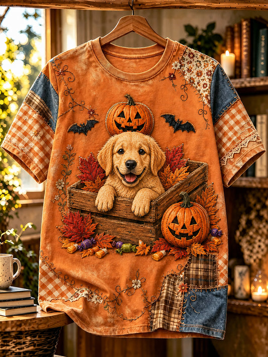 Women's Halloween Dog Printed Vintage Fashion Loose Short Sleeve T-Shirt