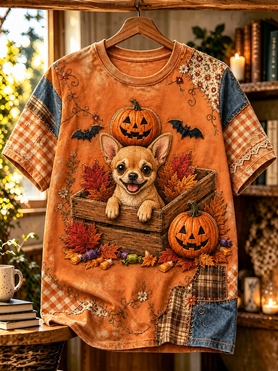 Women's Halloween Dog Printed Vintage Fashion Loose Short Sleeve T-Shirt