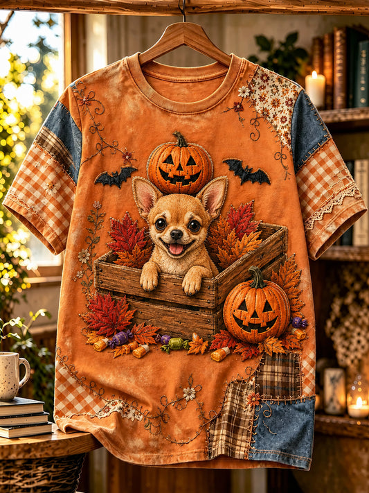 Women's Halloween Dog Printed Vintage Fashion Loose Short Sleeve T-Shirt