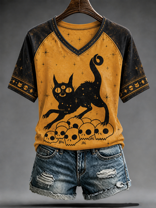 Women's Cat Printed V-neck off-shoulder short-sleeved T-shirt