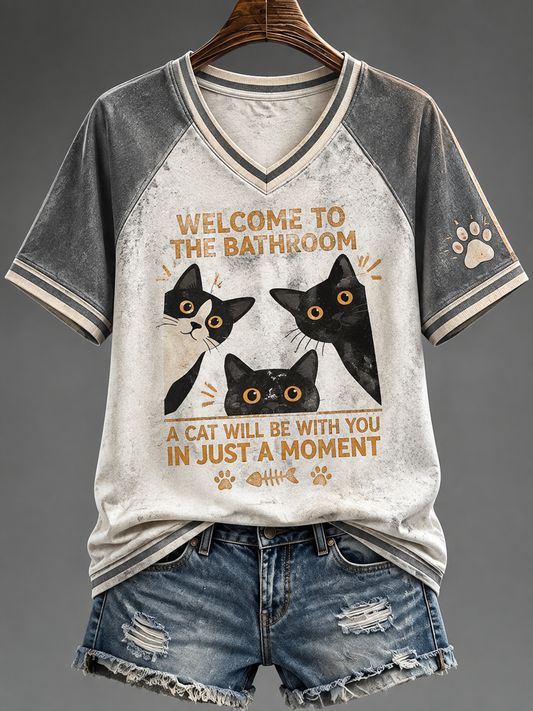 Women's Cat Printed V-neck off-shoulder short-sleeved T-shirt