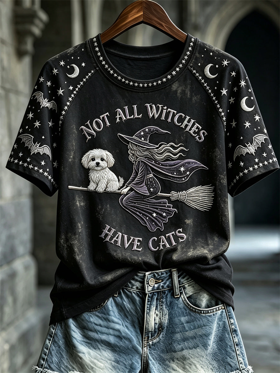 Women's Halloween Not All Witches Have Cats Witch & Maltese Dog Print short sleeve T-shirt