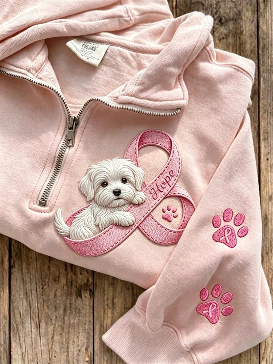 Women's Hope Pink Ribbon Maltese Dog & Paw Prints Zip Up Sweatshirt