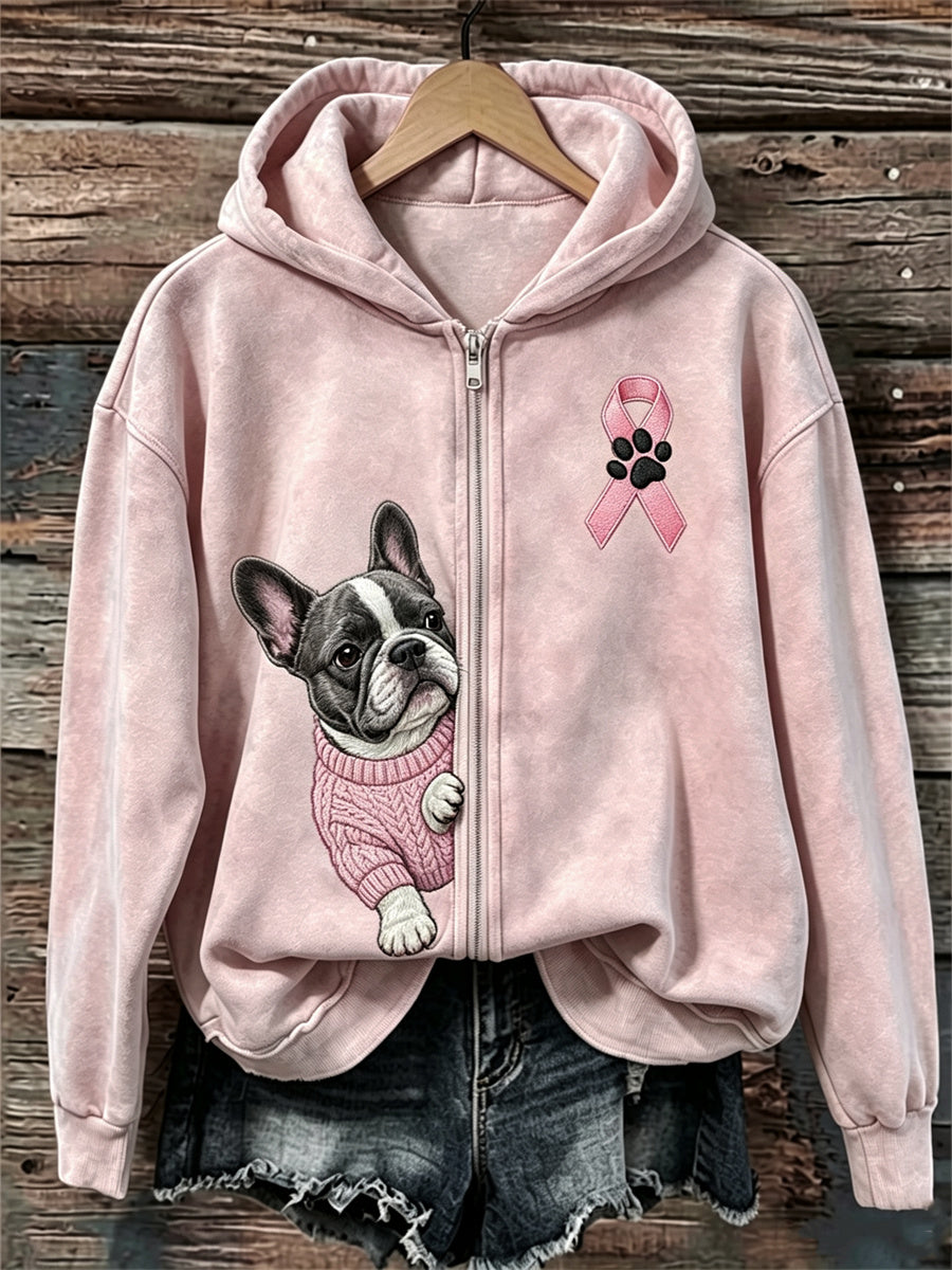 Women's Peeking French Bulldog Pink Ribbon Breast Cancer Awareness Full Zip Hoodie