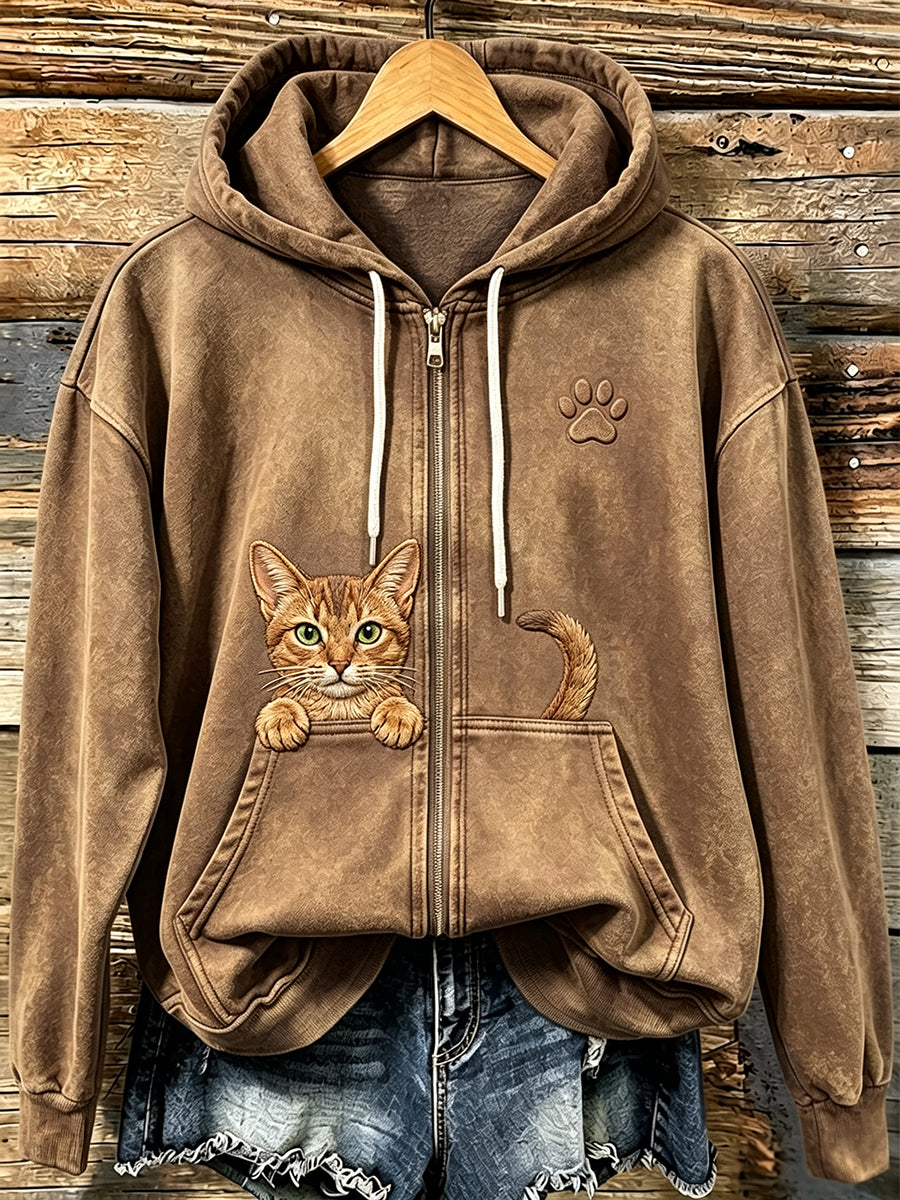 Women's Cute Cat & Paw Print Vintage Cozy Zip-Up Hoodie