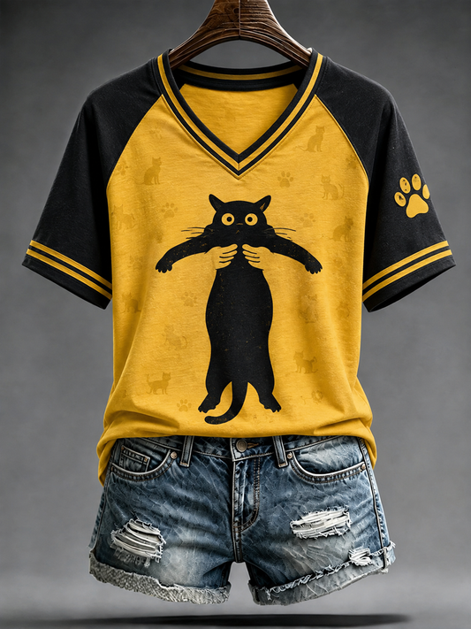 Women's Cat Printed V-neck off-shoulder short-sleeved T-shirt