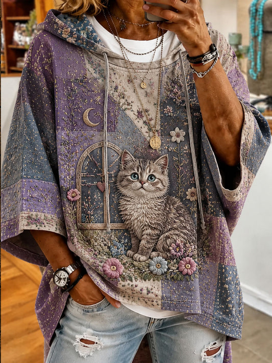 Women’s Patchwork Cat Printed Casual Hooded sweatshirt