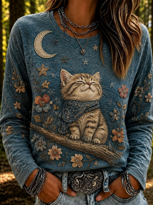 Women’s Cat Lover’s Day Printed Casual Long-Sleeve T-Shirt