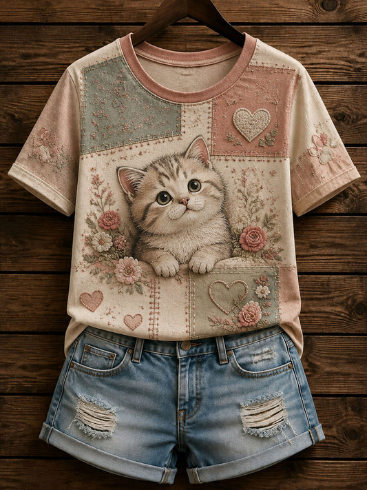 Women’s Patchwork Cat Printed Casual T-Shirt