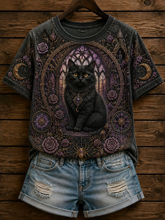 Women’s Gothic Black Cat Print Casual T-Shirt