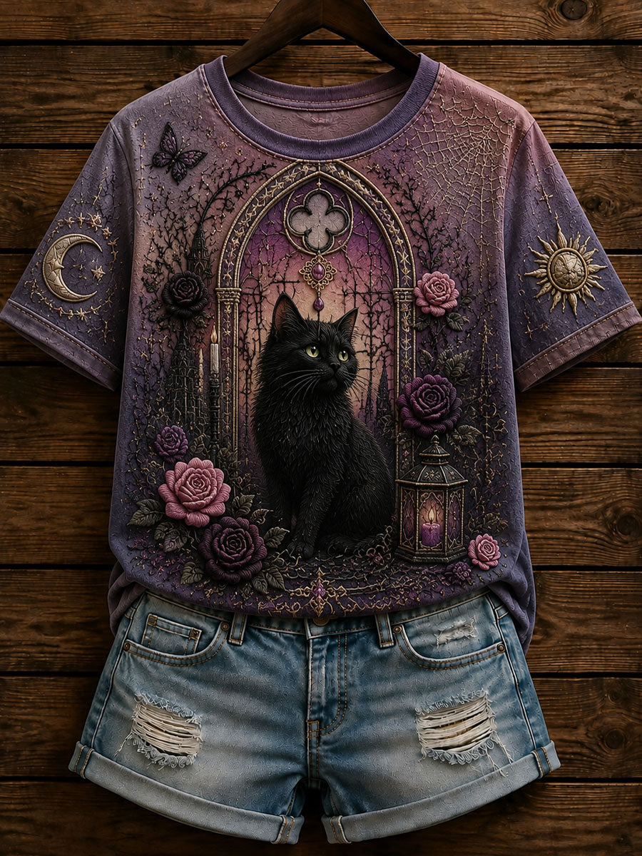 Women’s Gothic Black Cat Print Casual T-Shirt