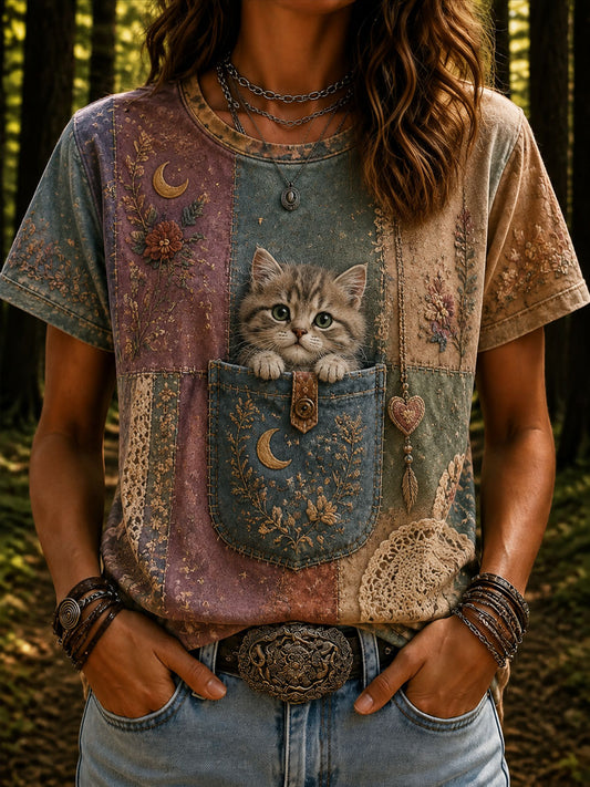 Women’s Patchwork Cat Printed Casual T-Shirt