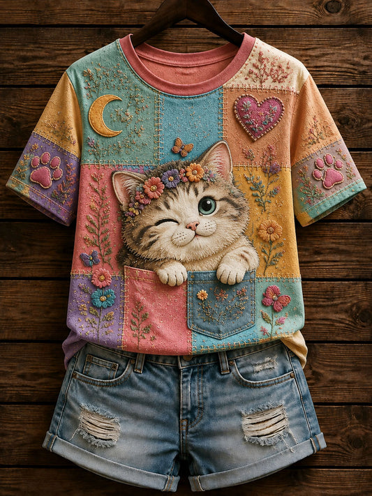 Women’s Patchwork Cat Printed Casual T-Shirt