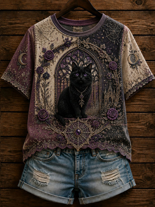 Women’s Gothic Black Cat Print Casual T-Shirt