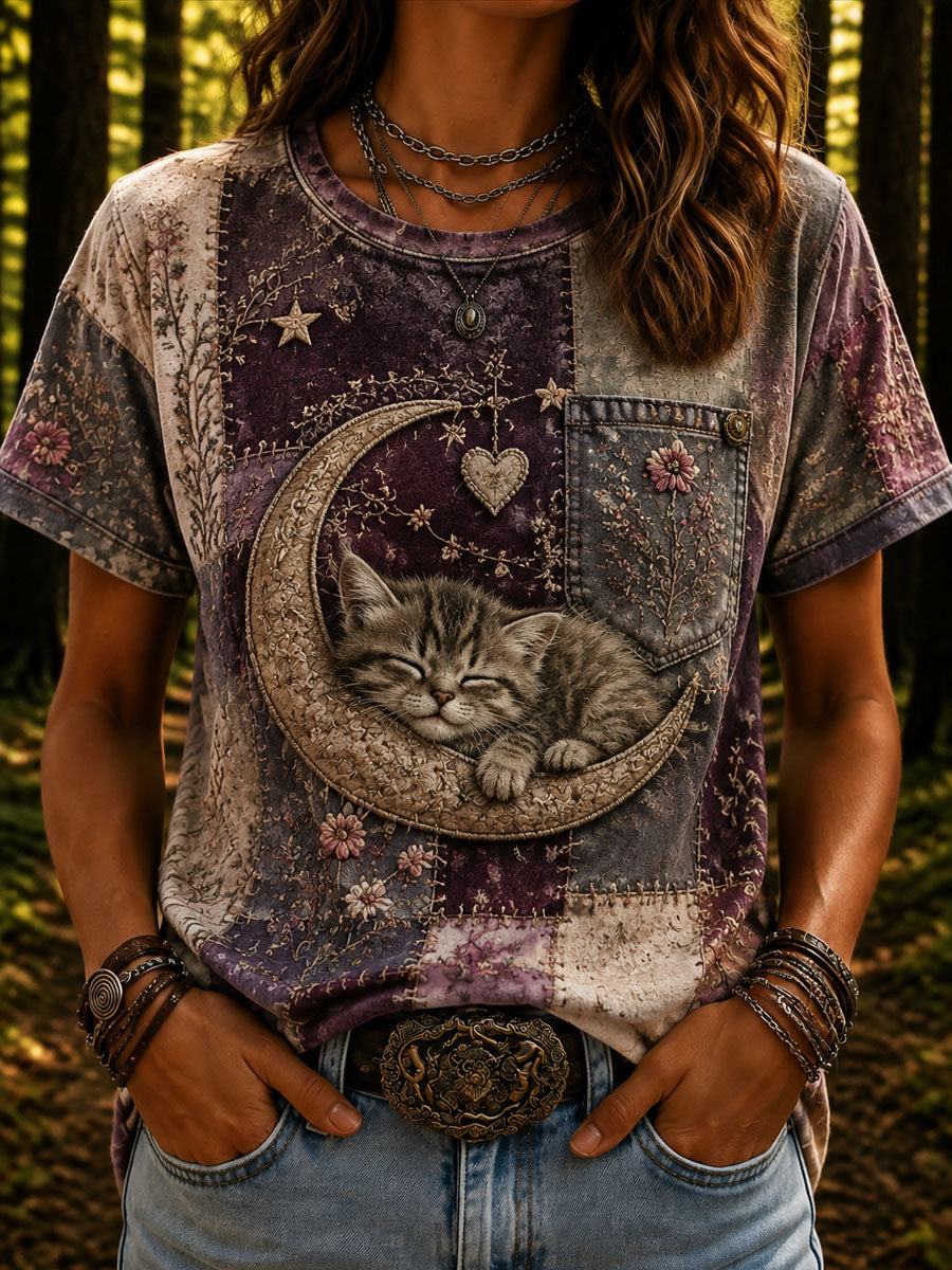Women’s Patchwork Cat Printed Casual T-Shirt