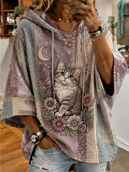 Women’s Patchwork Cat Printed Casual Hooded sweatshirt