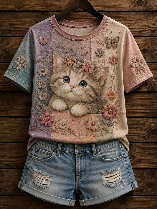 Women’s Patchwork Cat Printed Casual T-Shirt